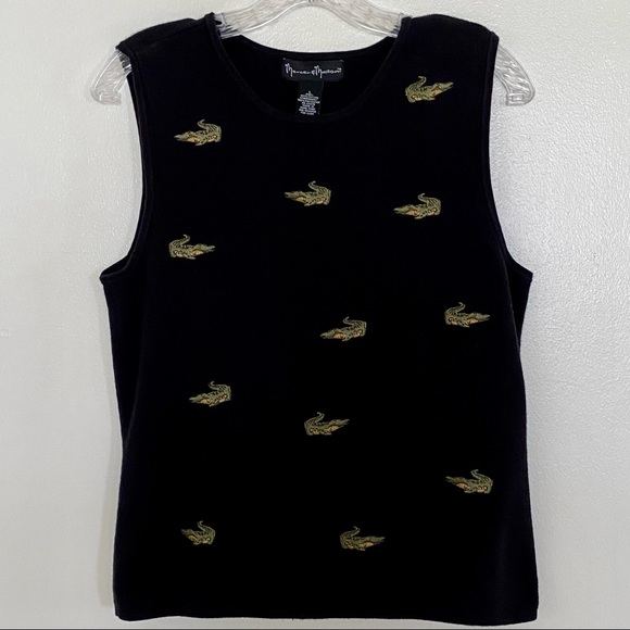 Sleeveless Knit Sweater Tank Shell Black Alligators Crocodiles Vintage Size L - Picture 2 of 6